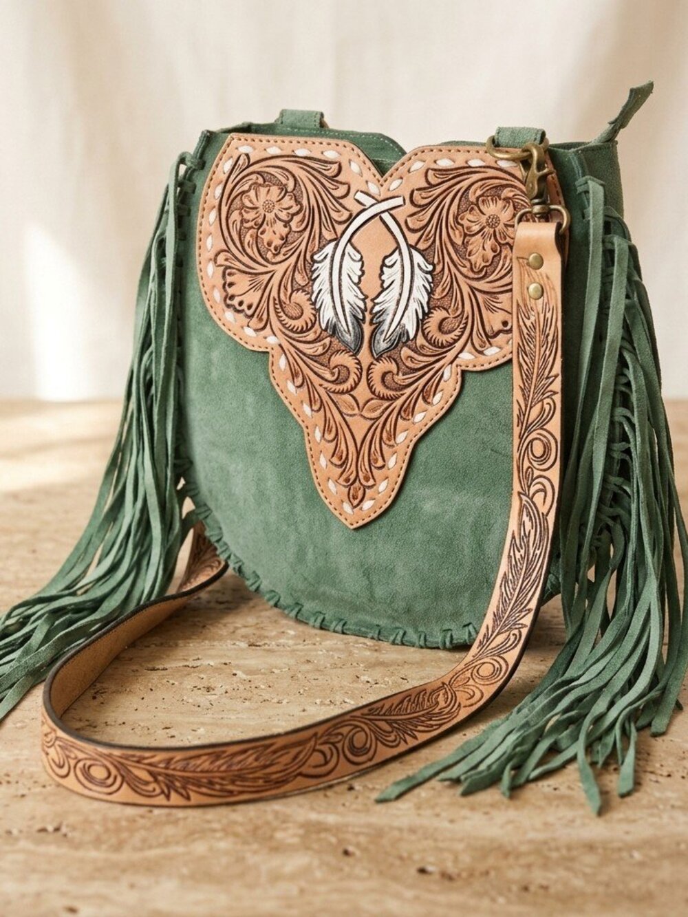 Sagebrush Boho Fringe Feather Crossbody Bag - Picture 7 of 7